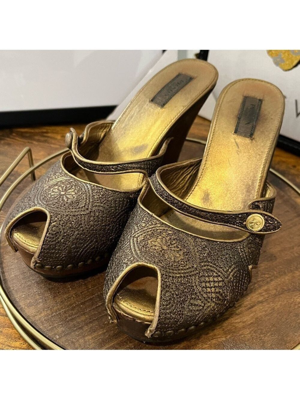 Prada Vintage Gold & Brown Wedge Shoes - Picture 2 of 7